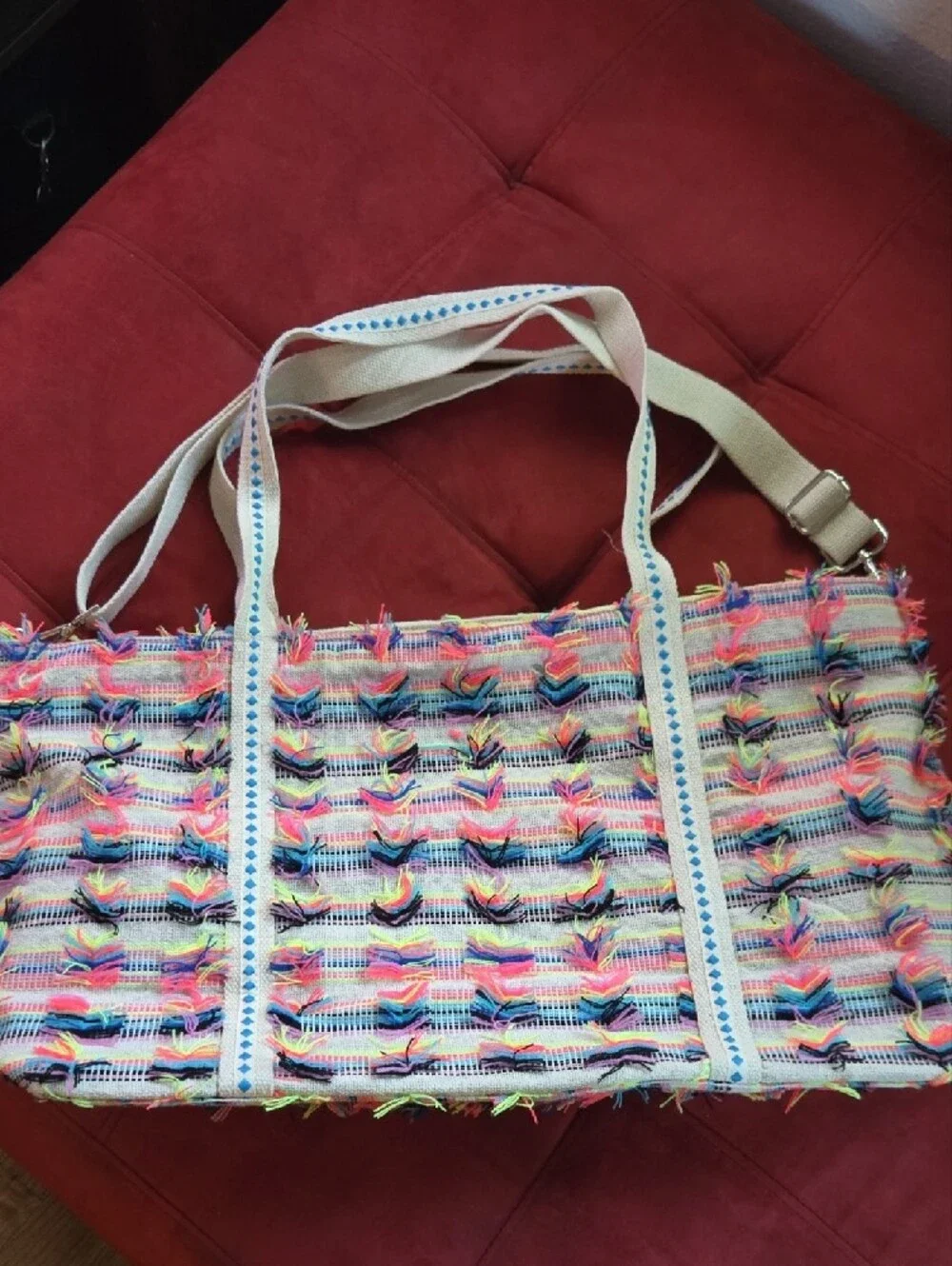 Multicolor Beaded Chevron Tote with Pom-Pom Trim